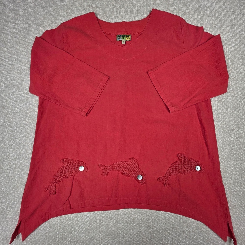 Palm Grove 100% Cotton Dolphin Crochet Applique Sharkbite Tunic Top Womens‎ XL